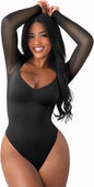 Feelingirl Long Sleeve Bodysuit for Women Sexy Mesh V Neck Body Suits Thong Corset Top Going Out Outfits for Party