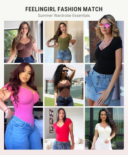 Feelingirl Short Sleeve Bodysuit for Women V Neck Tummy Control Shapewear Seamless Thong Body Suits Tops