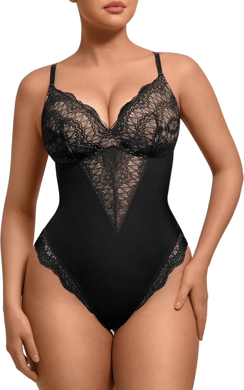 Feelingirl Womens Body Suits Shapewear Tummy Control Backless Thong Body Shaper V Neck Compression Lace Bodysuit Tops