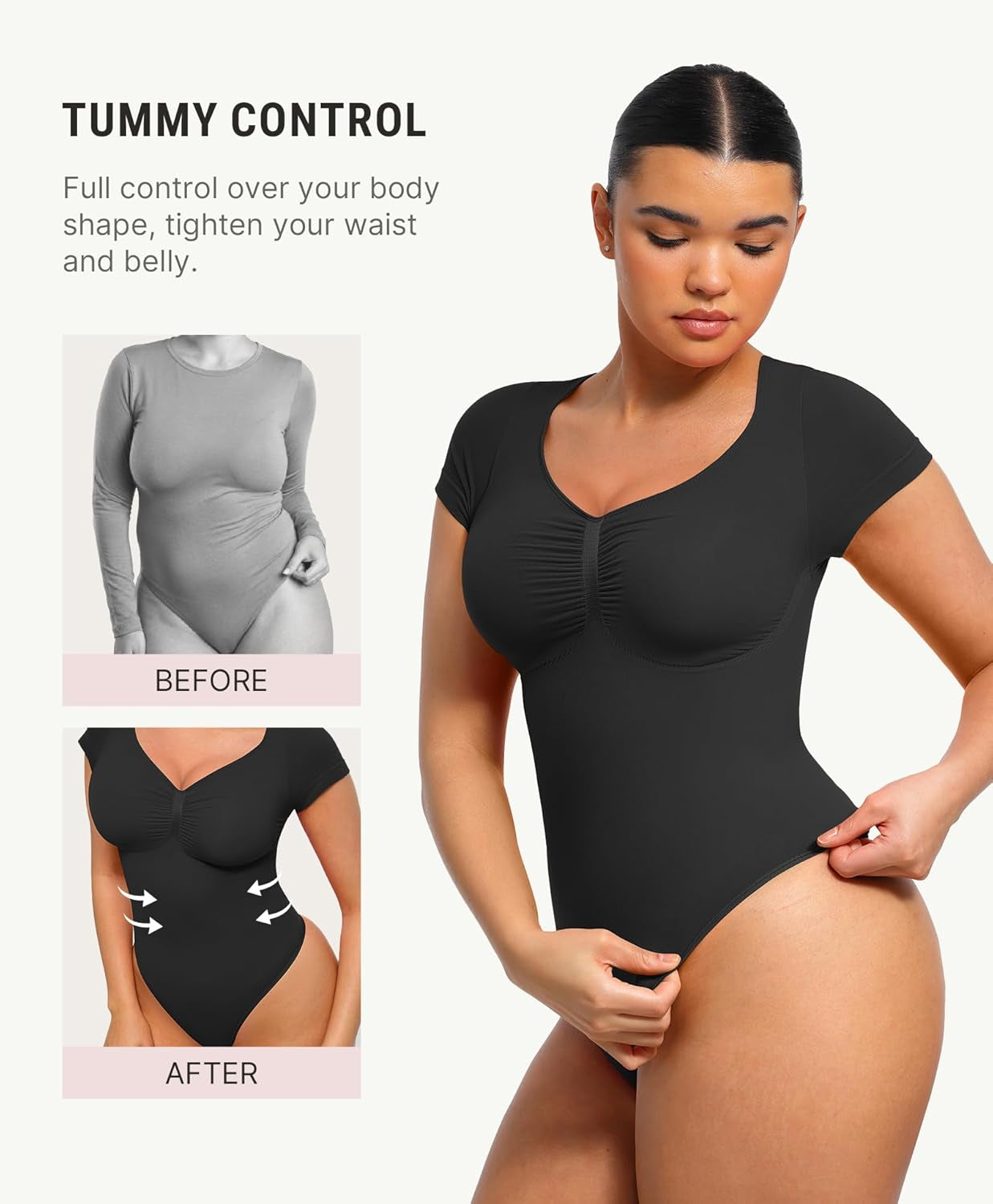 Feelingirl Short Sleeve Bodysuit for Women V Neck Tummy Control Shapewear Seamless Thong Body Suits Tops