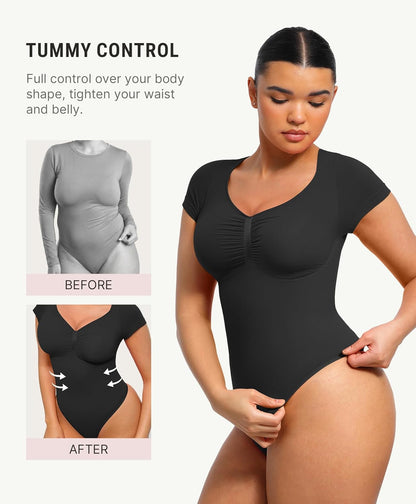 Feelingirl Short Sleeve Bodysuit for Women V Neck Tummy Control Shapewear Seamless Thong Body Suits Tops