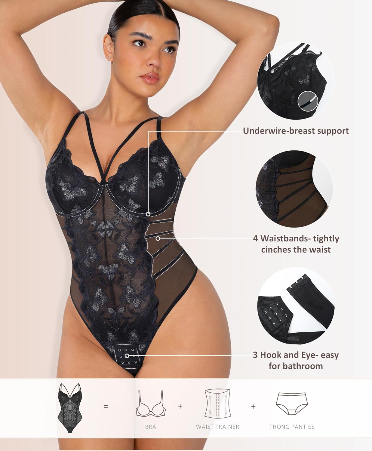 Feelingirl Lace Shapewear Bodysuits for Women V Neck Sleeveless Tops Tummy Control Body Suits Thong Body Shaper
