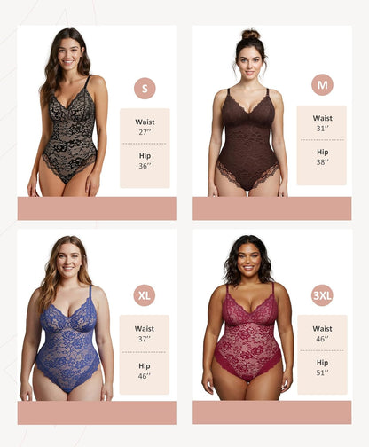 Feelingirl Shapewear Bodysuits for Women Lace Shapewear Tummy Control V-Neck Sleeveless Bodysuit Tops Jumpsuit