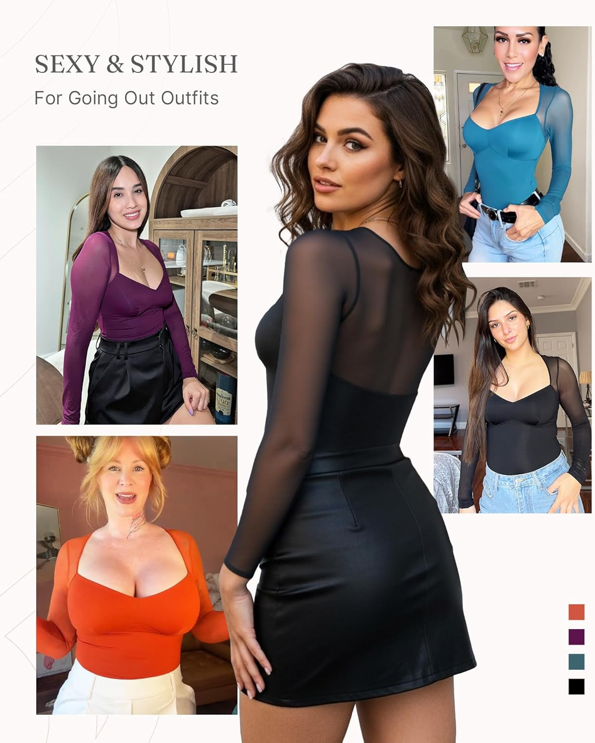 Feelingirl Long Sleeve Bodysuit for Women Sexy Mesh V Neck Body Suits Thong Corset Top Going Out Outfits for Party