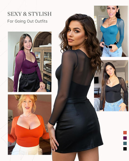 Feelingirl Long Sleeve Bodysuit for Women Sexy Mesh V Neck Body Suits Thong Corset Top Going Out Outfits for Party