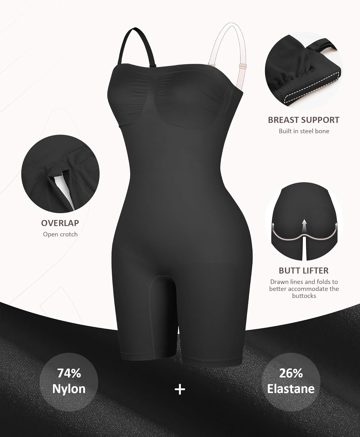 Feelingirl Strapless Bodysuit for Women Tummy Control Shapewear Wedding Dress Body Shaper with Removable Straps