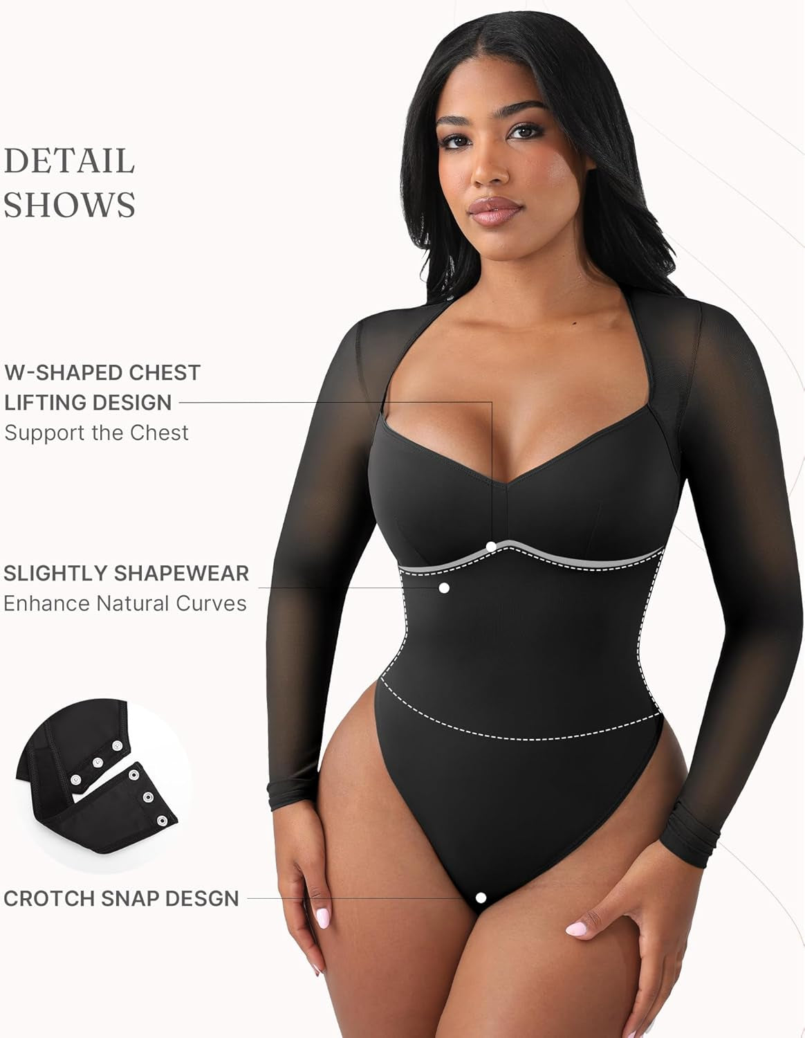 Feelingirl Long Sleeve Bodysuit for Women Sexy Mesh V Neck Body Suits Thong Corset Top Going Out Outfits for Party