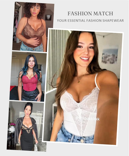 Feelingirl Womens Body Suits Shapewear Tummy Control Backless Thong Body Shaper V Neck Compression Lace Bodysuit Tops
