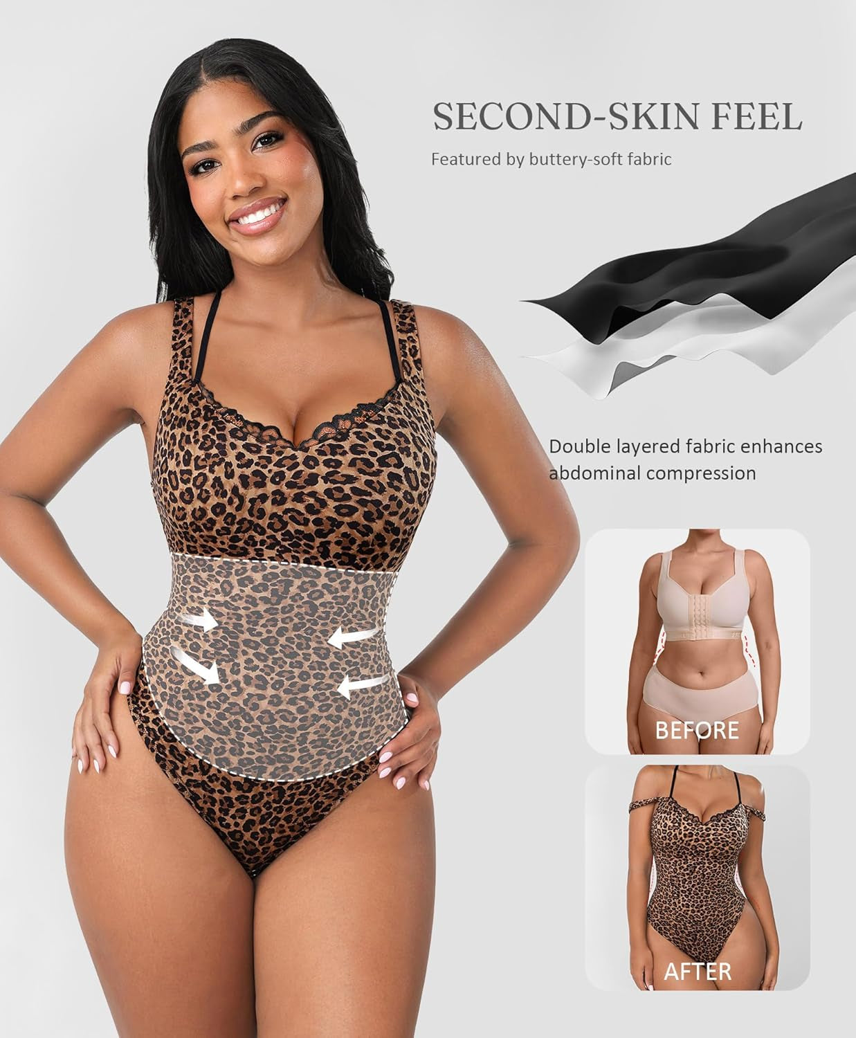 Feelingirl V Neck Shapewear Bodysuits for Women Sleeveless Lace Body Shaper Tummy Control Thong Bodysuits for Women Leopard