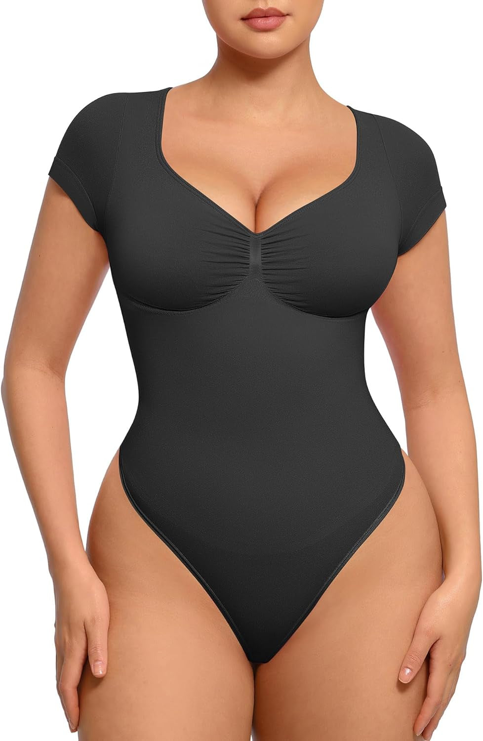 Feelingirl Short Sleeve Bodysuit for Women V Neck Tummy Control Shapewear Seamless Thong Body Suits Tops