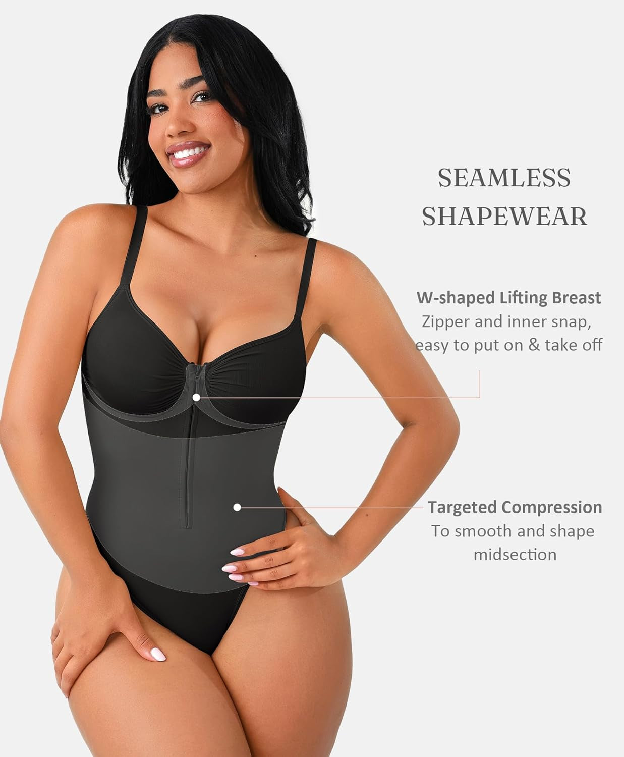 Feelingirl Shapewear Bodysuit Tummy Control for Women Zip-Up Shapewear Thong Waist V Neck Body Shaper Going Out