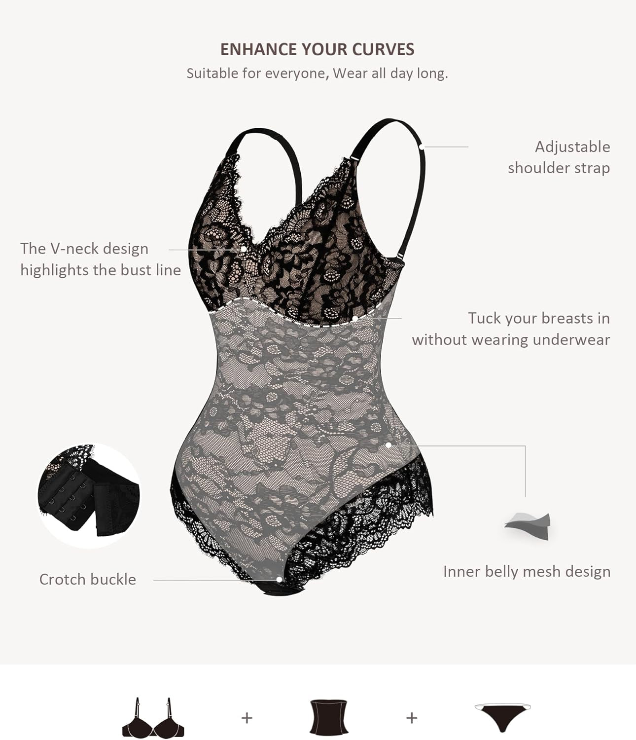 Feelingirl Shapewear Bodysuits for Women Lace Shapewear Tummy Control V-Neck Sleeveless Bodysuit Tops Jumpsuit