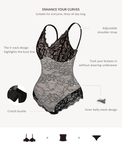 Feelingirl Shapewear Bodysuits for Women Lace Shapewear Tummy Control V-Neck Sleeveless Bodysuit Tops Jumpsuit