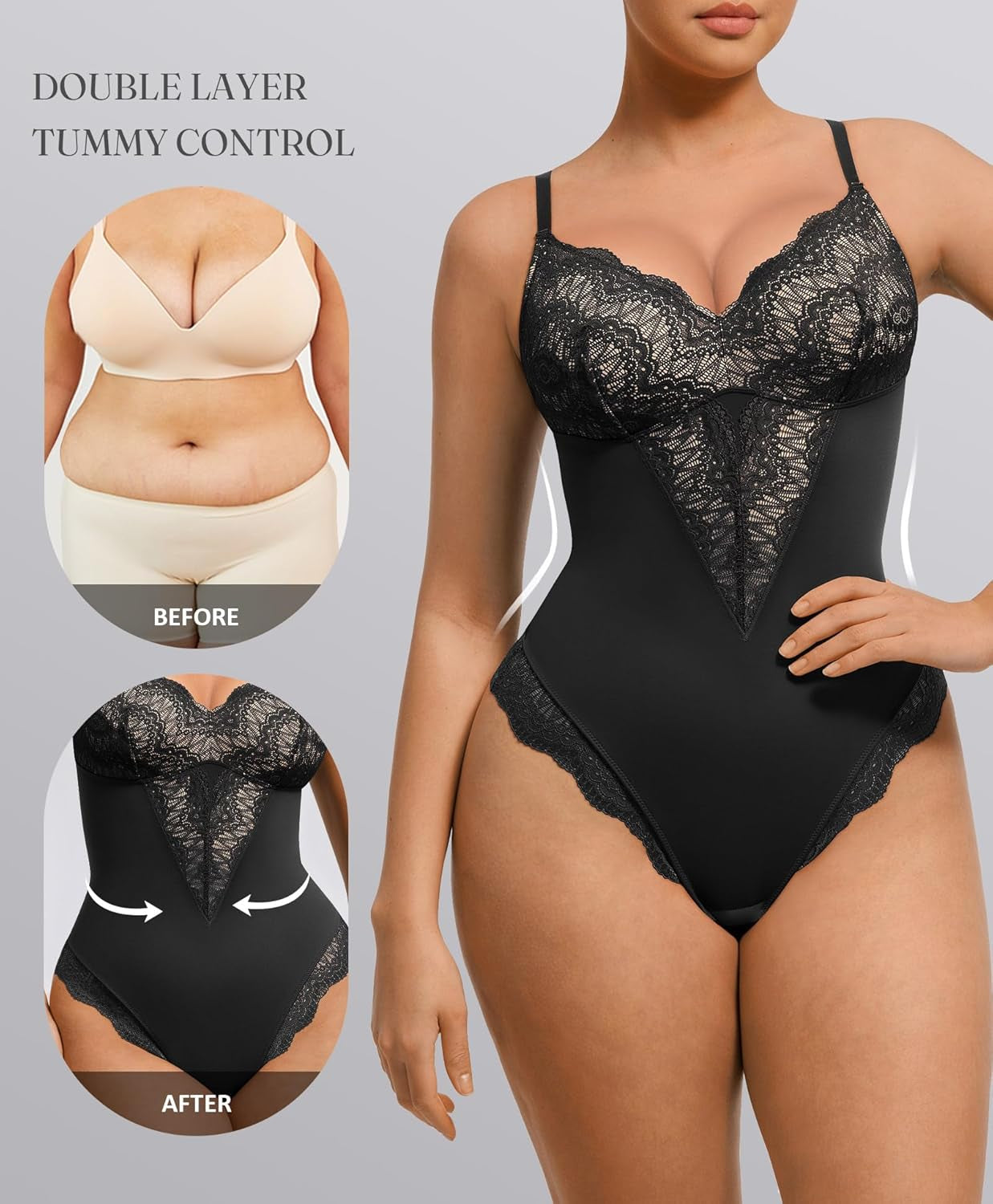Feelingirl Womens Body Suits Shapewear Tummy Control Backless Thong Body Shaper V Neck Compression Lace Bodysuit Tops