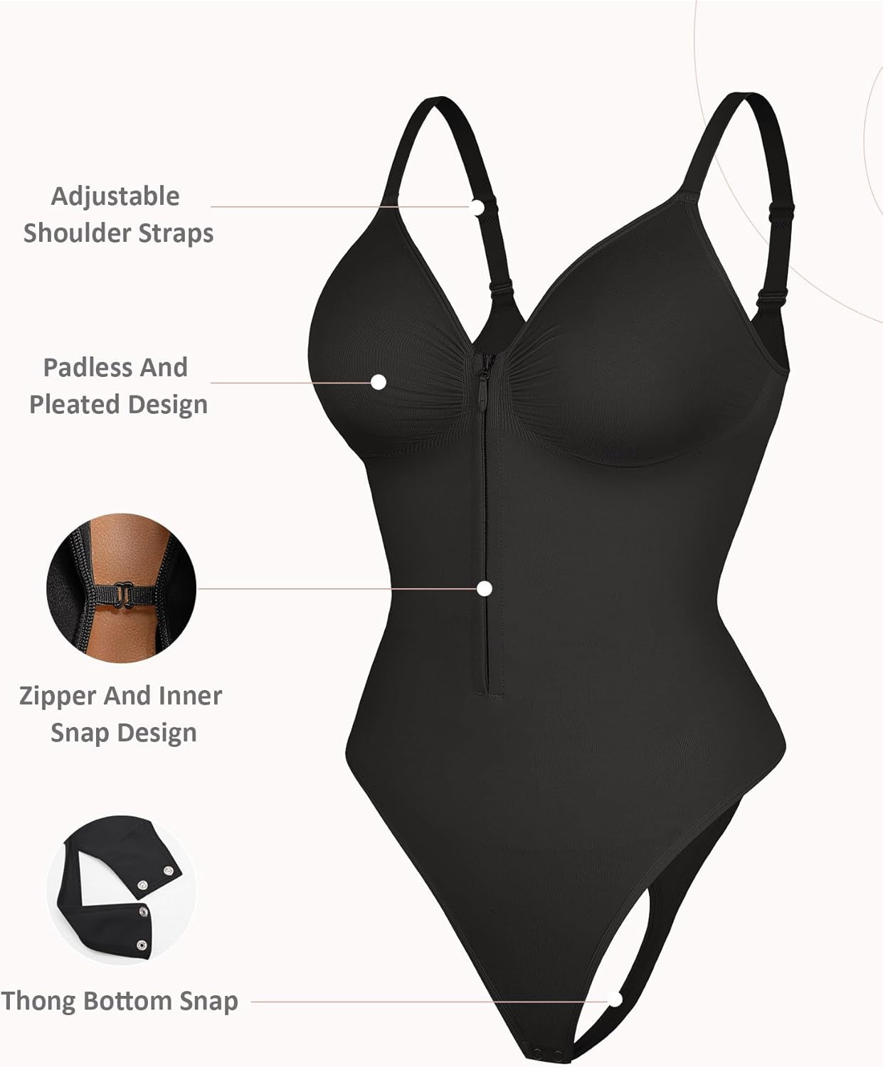 Feelingirl Shapewear Bodysuit Tummy Control for Women Zip-Up Shapewear Thong Waist V Neck Body Shaper Going Out