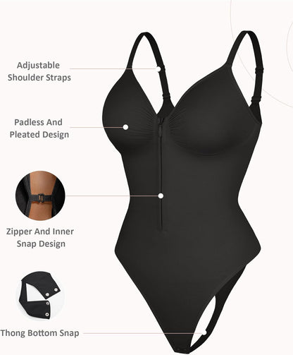 Feelingirl Shapewear Bodysuit Tummy Control for Women Zip-Up Shapewear Thong Waist V Neck Body Shaper Going Out