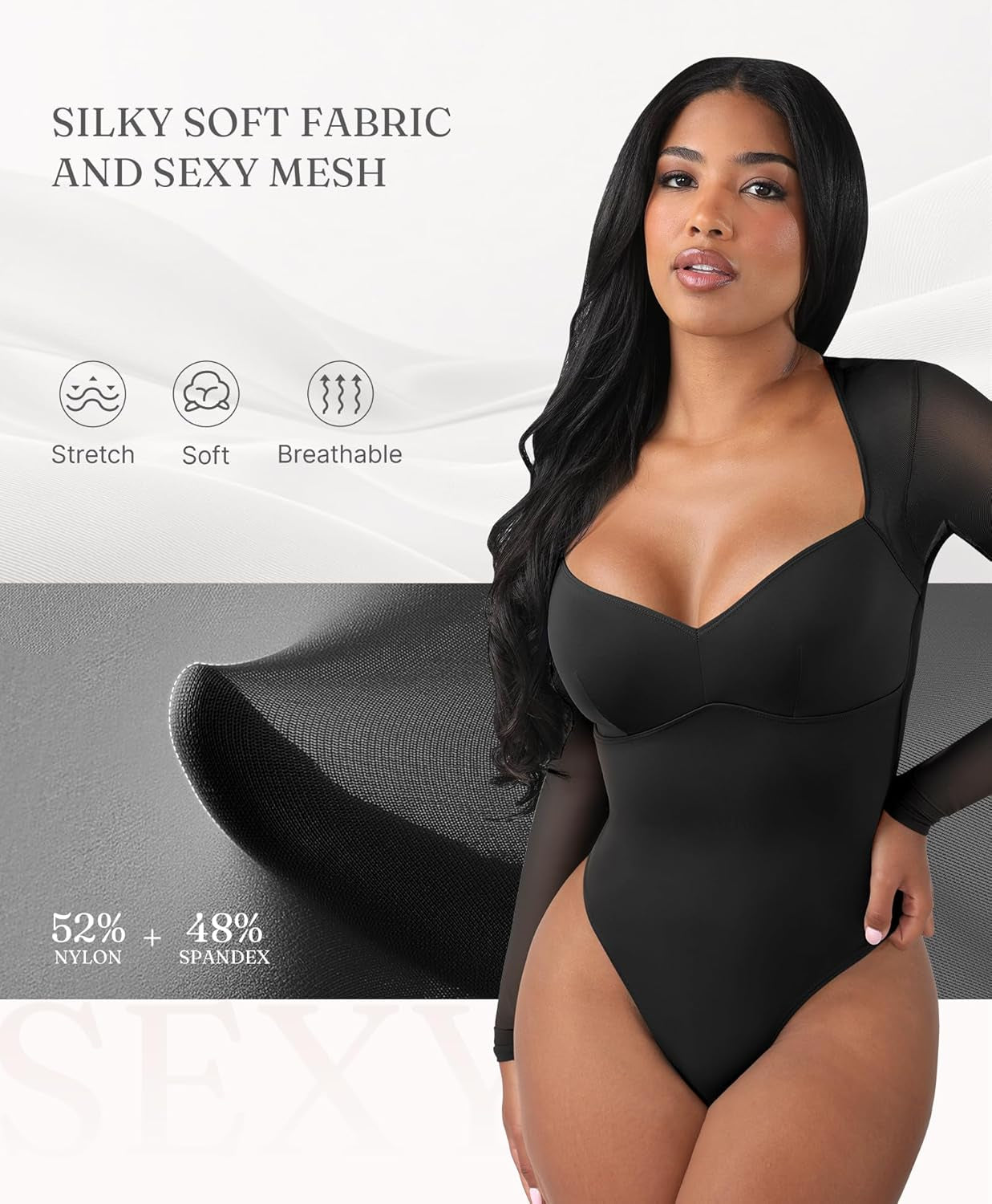 Feelingirl Long Sleeve Bodysuit for Women Sexy Mesh V Neck Body Suits Thong Corset Top Going Out Outfits for Party