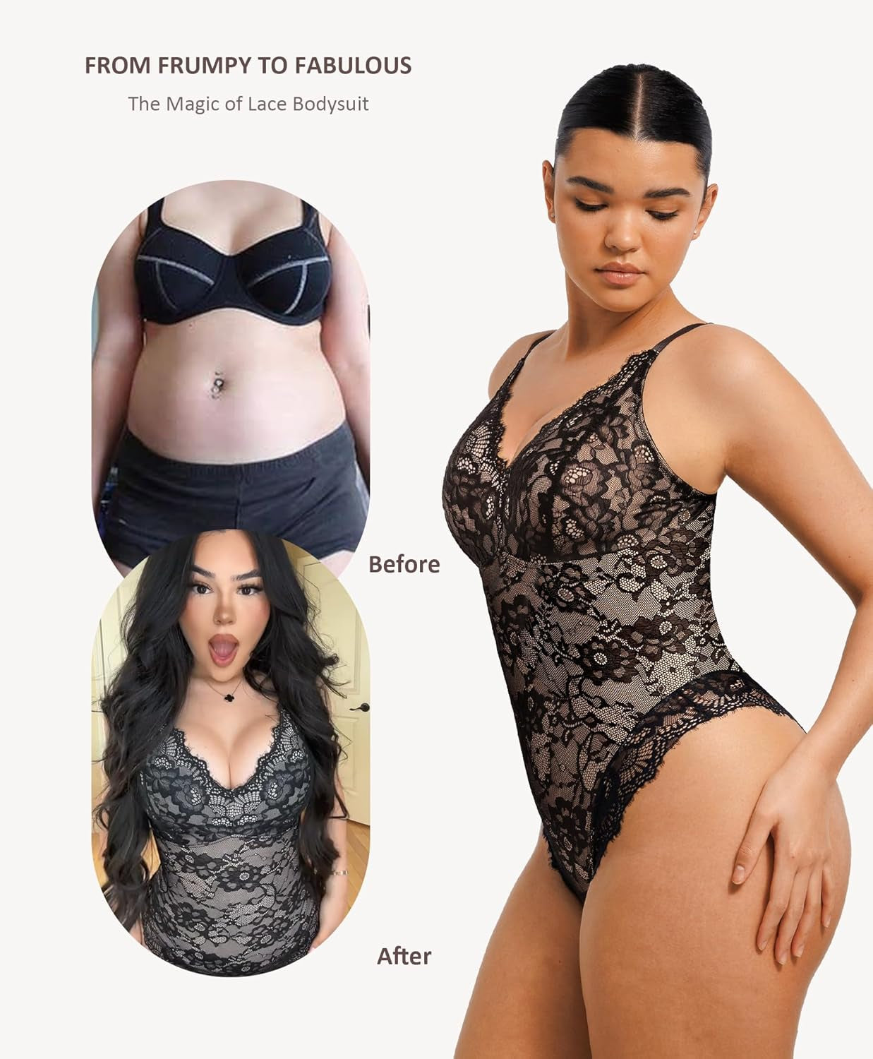 Feelingirl Shapewear Bodysuits for Women Lace Shapewear Tummy Control V-Neck Sleeveless Bodysuit Tops Jumpsuit