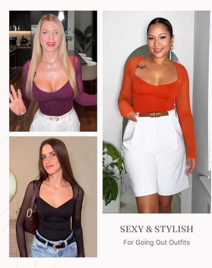 Feelingirl Long Sleeve Bodysuit for Women Sexy Mesh V Neck Body Suits Thong Corset Top Going Out Outfits for Party