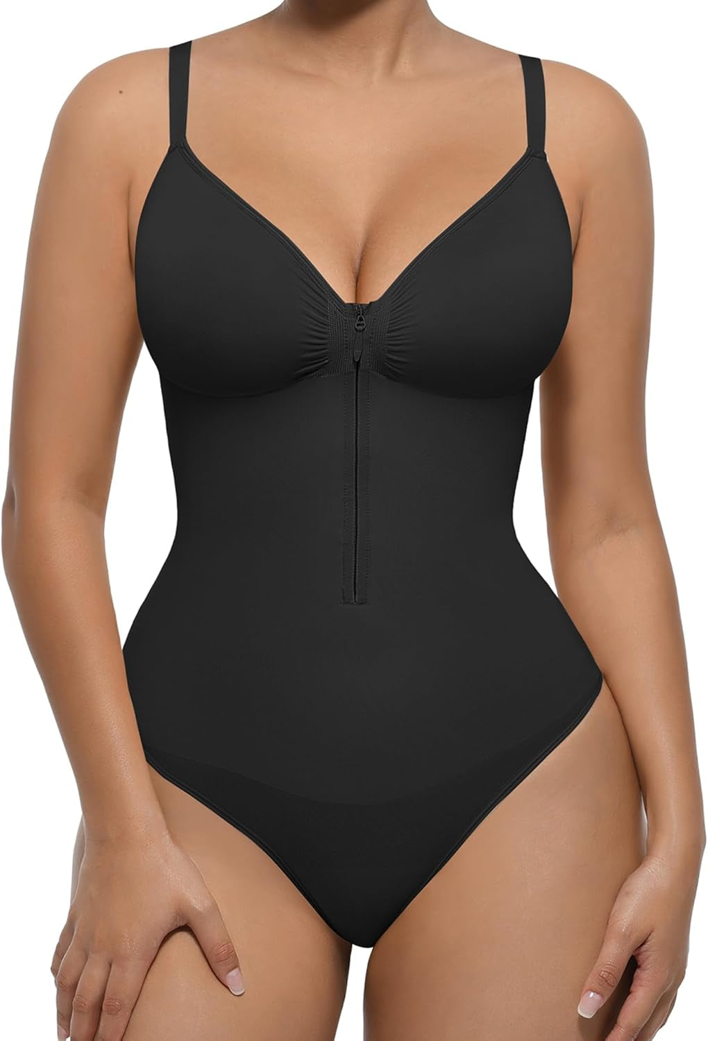 Feelingirl Shapewear Bodysuit Tummy Control for Women Zip-Up Shapewear Thong Waist V Neck Body Shaper Going Out