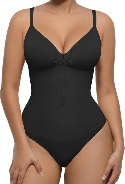 Feelingirl Shapewear Bodysuit Tummy Control for Women Zip-Up Shapewear Thong Waist V Neck Body Shaper Going Out