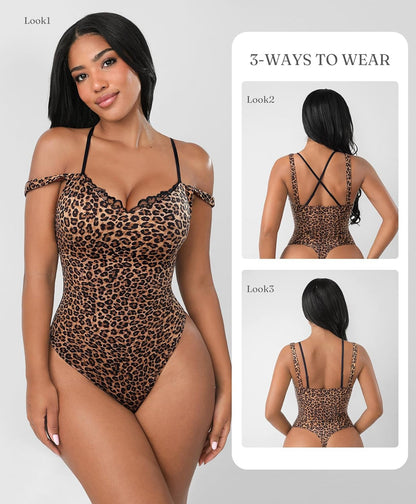 Feelingirl V Neck Shapewear Bodysuits for Women Sleeveless Lace Body Shaper Tummy Control Thong Bodysuits for Women Leopard