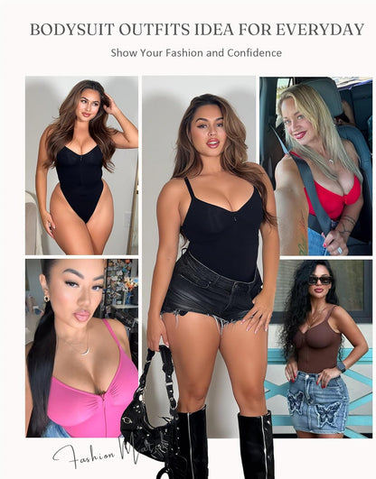 Feelingirl Shapewear Bodysuit Tummy Control for Women Zip-Up Shapewear Thong Waist V Neck Body Shaper Going Out